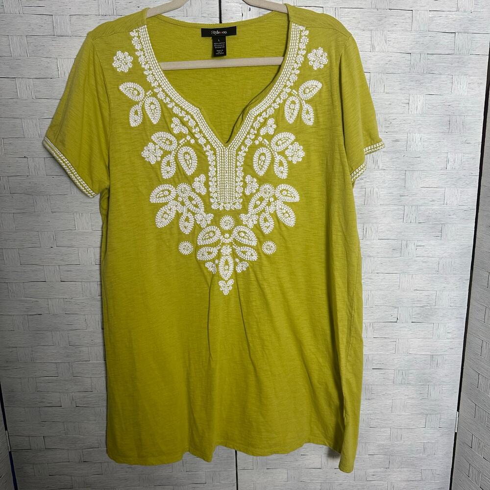 Style & co women's T-shirt V-neck heavily embroidered bohemian hippie plus size‎